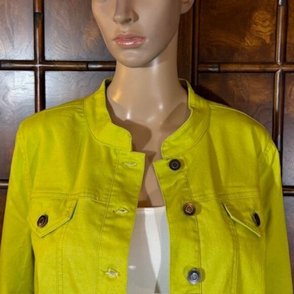 NWOT Nina Leonard Chartreuse Stretch Cotton Blend Peplum Hem Denim Jacket - Picture 6 of 10